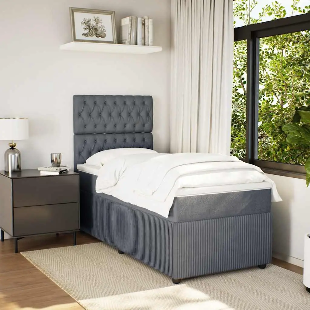 Box Spring Bed Grey Velvet King Single with Pocket Mattress and Adjustable Headboard