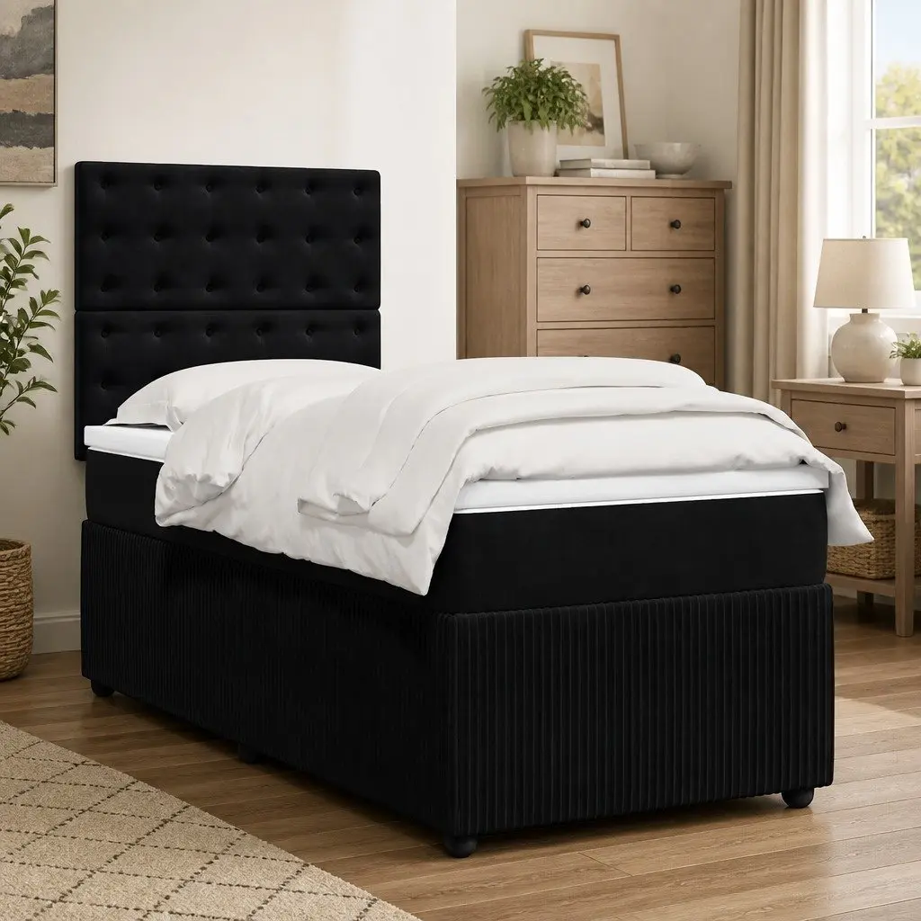Pocket Spring Mattress Bed with Adjustable Headboard Velvet Frame King Single Black