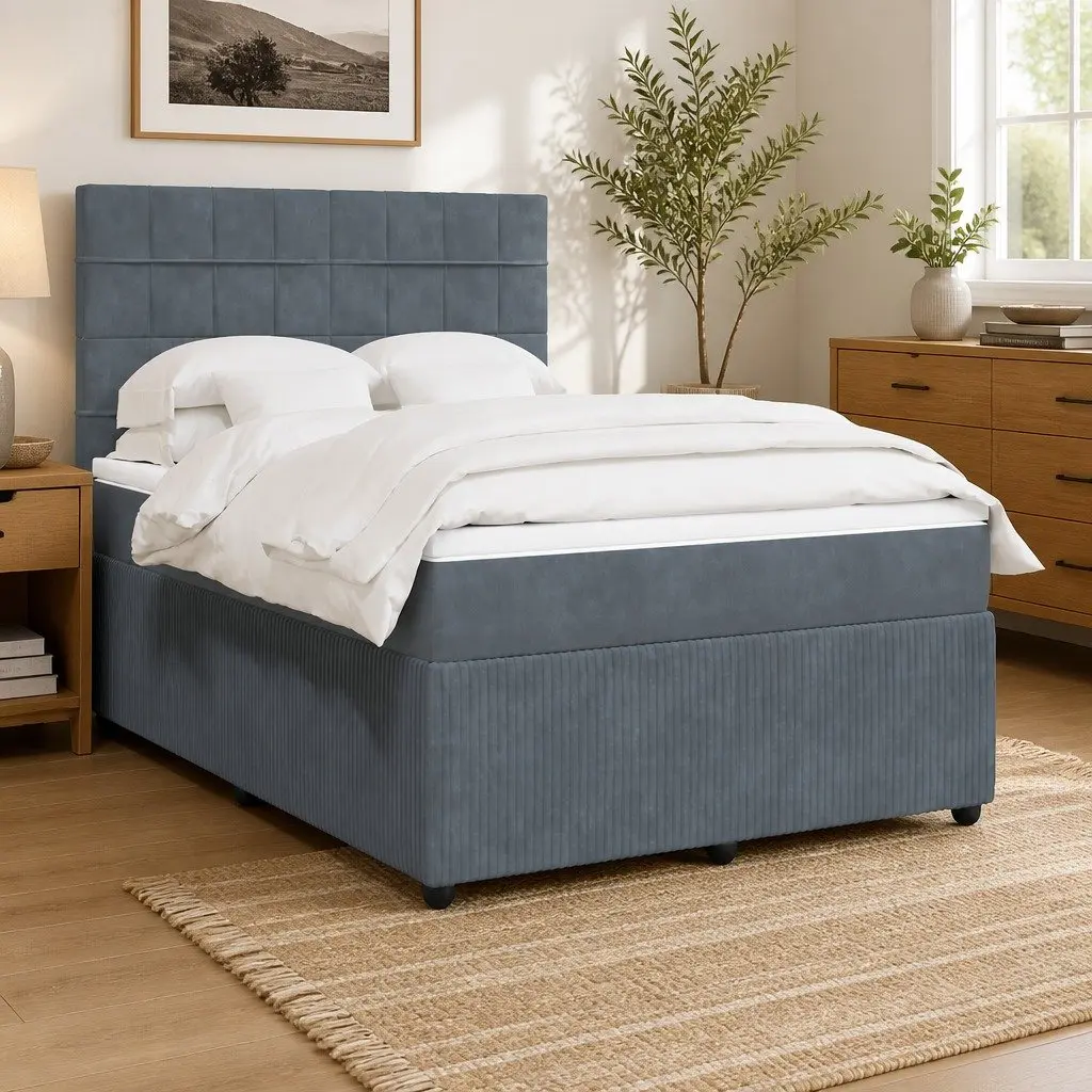 Queen Box Spring Bed Grey Velvet Adjustable Pocket Sprung Mattress