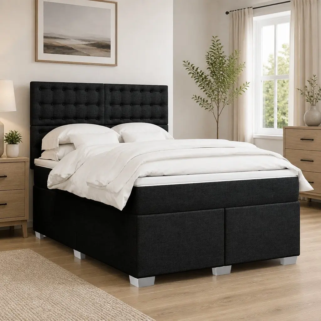 Double Box Spring Bed with Pocket Spring Mattress Adjustable LED Lights Black