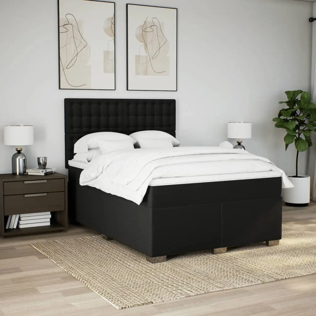 Double Box Spring Bed with Pocket Spring Mattress Adjustable LED Lights Black
