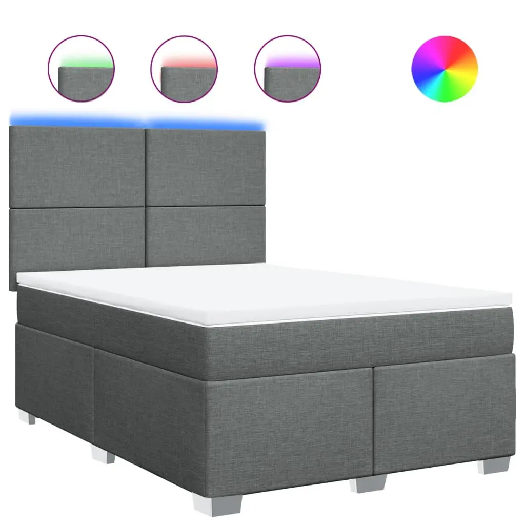 Queen Box Spring Bed Grey Pocket Spring Mattress Adjustable Headboard LED Lights