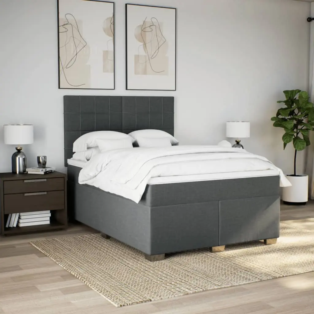 Queen Box Spring Bed Dark Grey Fabric Pocket Spring Mattress Height Adjustable LED Headboard