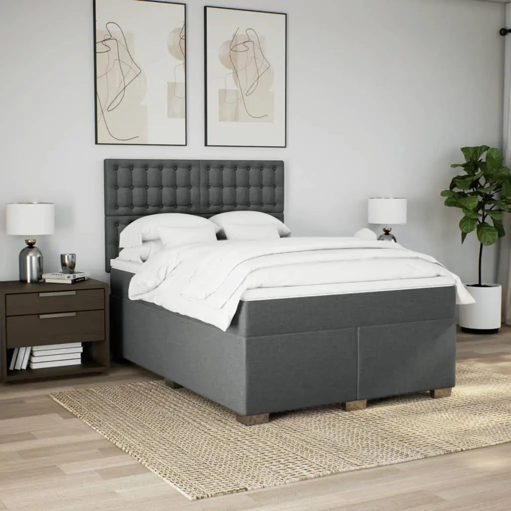 Queen Box Spring Bed with Pocket Spring Mattress Adjustable Headboard LED Light Grey Polyester Fabric