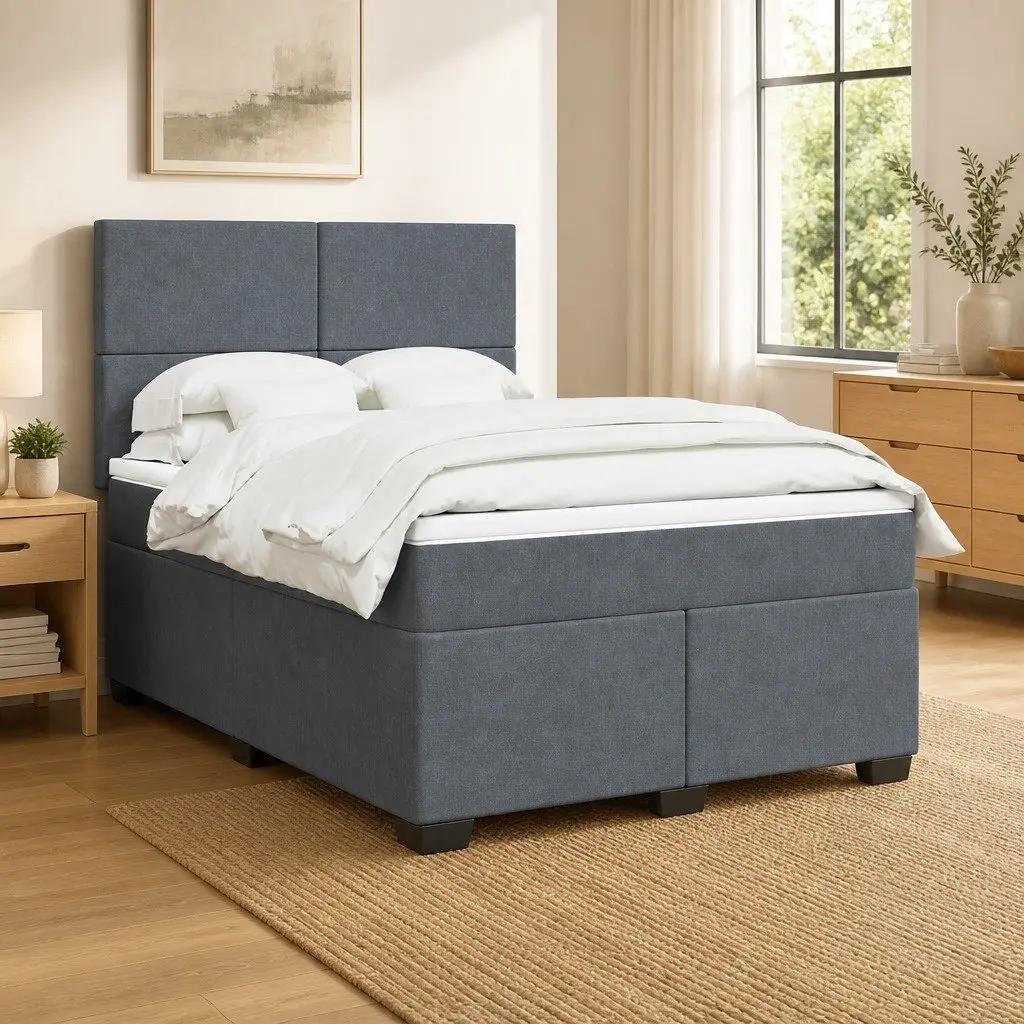 Box Spring Bed Dark Grey Velvet Fabric Pocket Spring Mattress Adjustable Headboard with LED Lights