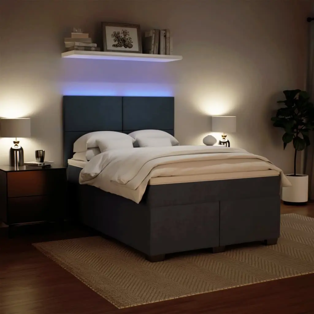 Box Spring Bed Dark Grey Velvet Fabric Pocket Spring Mattress Adjustable Headboard with LED Lights