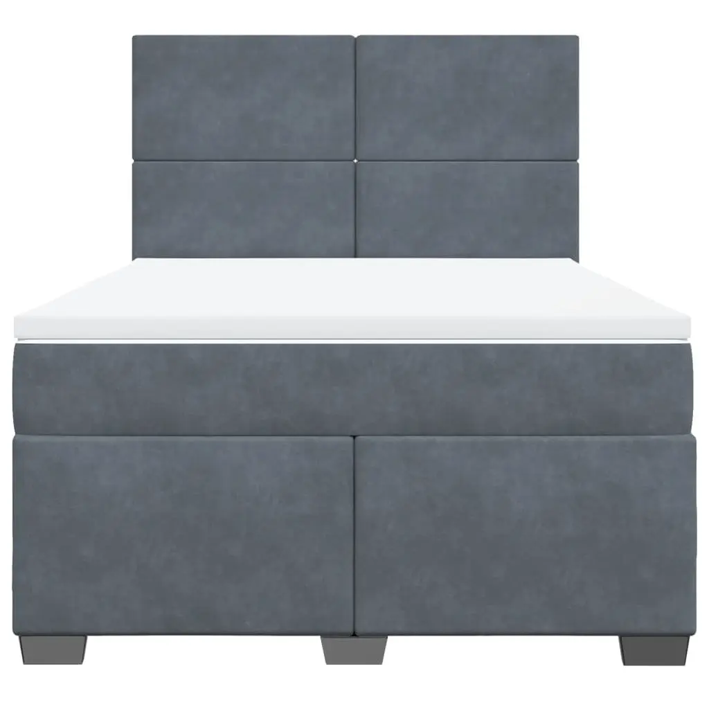 Box Spring Bed Dark Grey Velvet Fabric Pocket Spring Mattress Adjustable Headboard with LED Lights