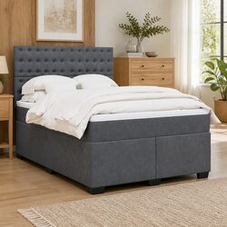 Grey Double Box Spring Bed with Adjustable Headboard