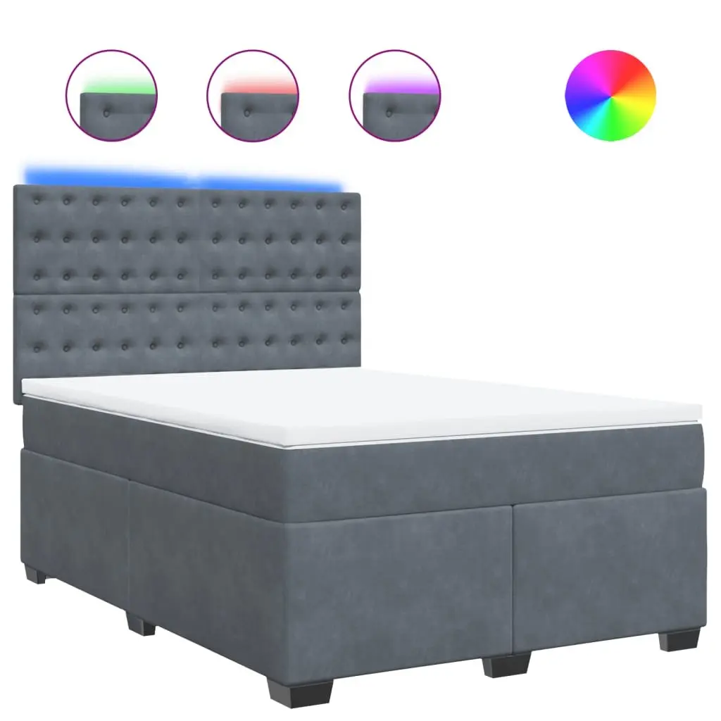 Box Spring Bed Grey Pocket Mattress Adjustable Headboard LED Lights Velvet Fabric
