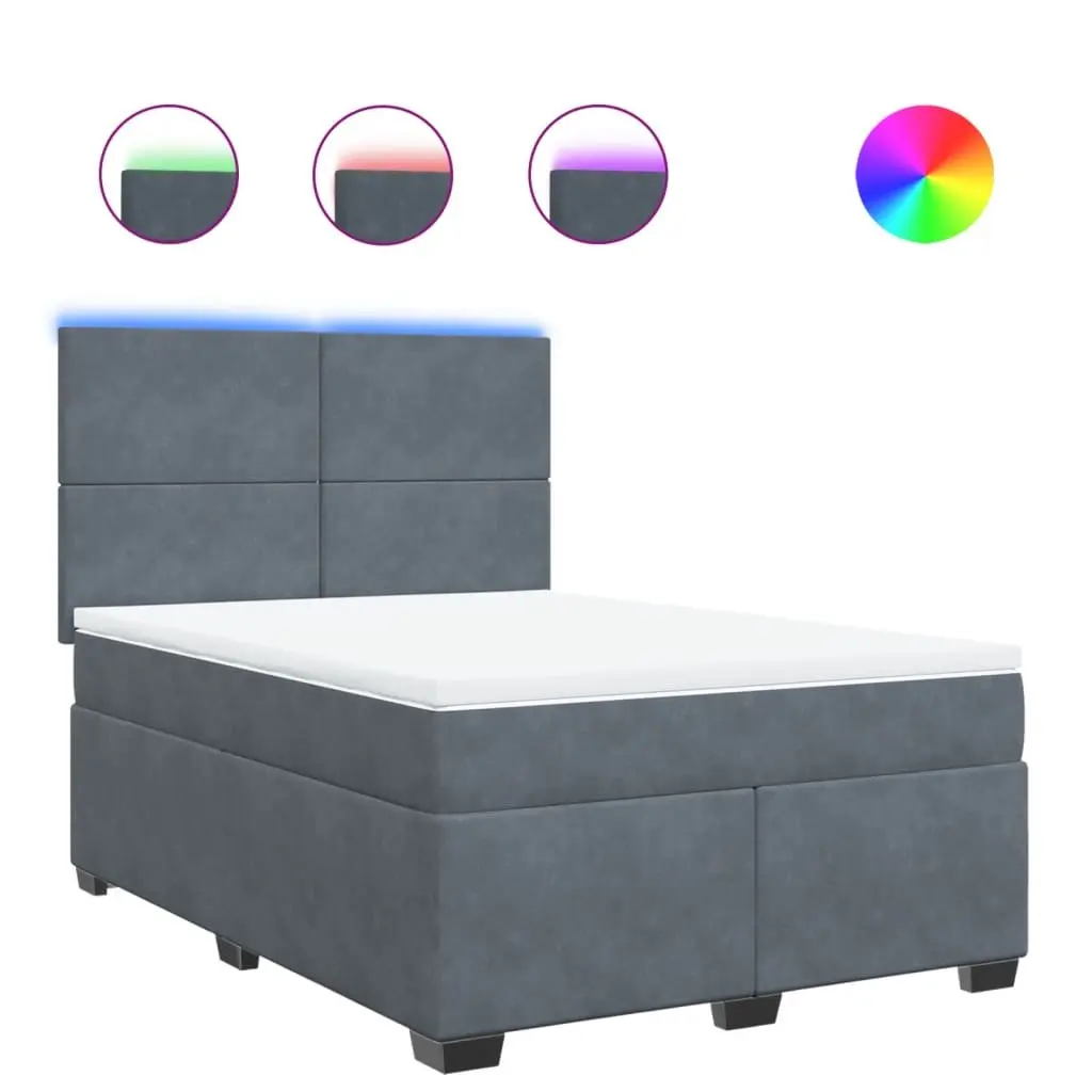 Queen Box Spring Bed Grey Velvet with Pocket Spring Mattress and LED Lights