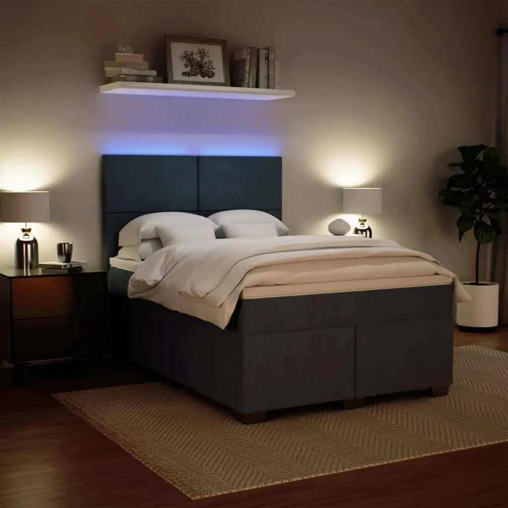 Queen Box Spring Bed Grey Velvet with Pocket Spring Mattress and LED Lights