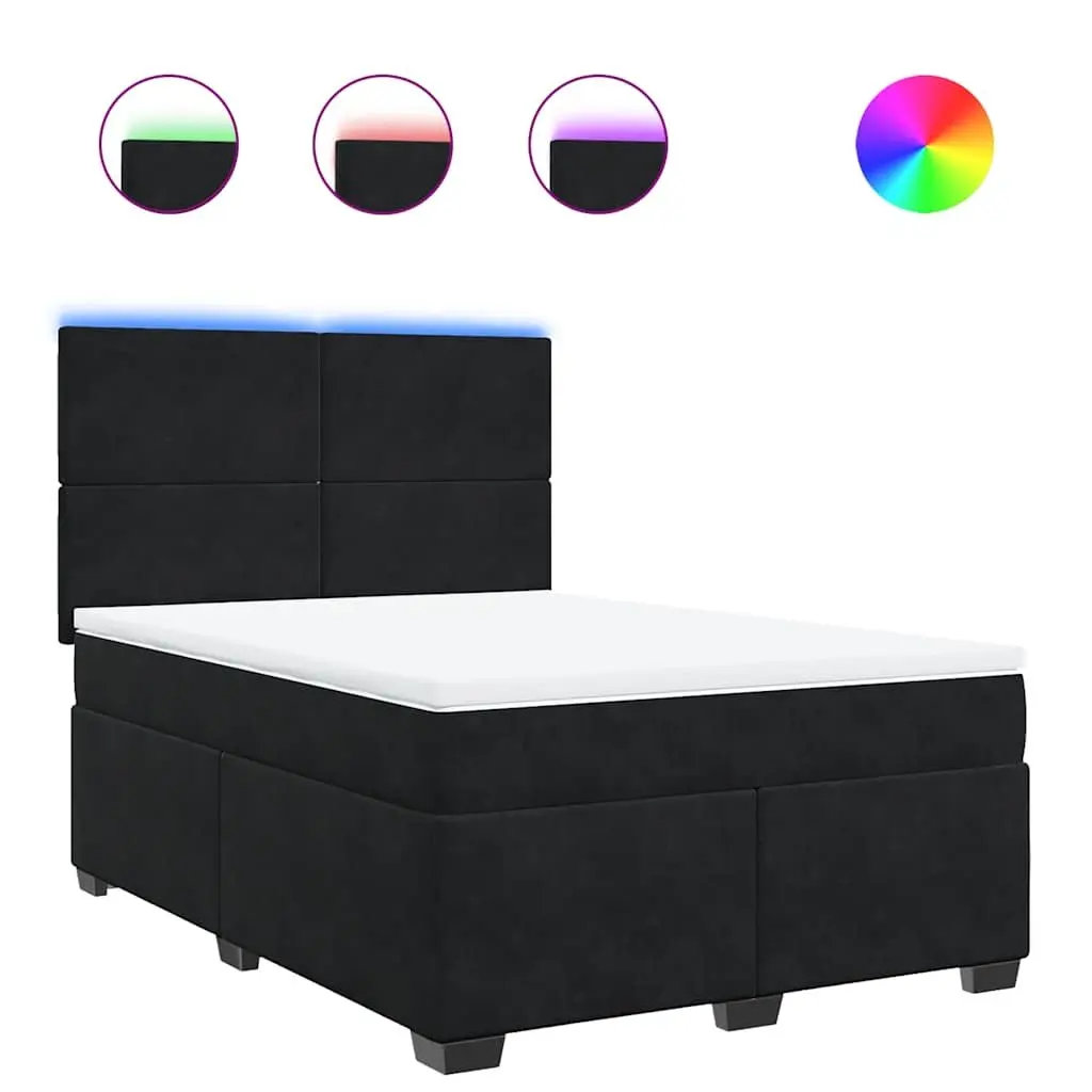 Queen Size Box Spring Bed Black Velvet Bed Frame with LED Headboard and Pocket Spring Mattress