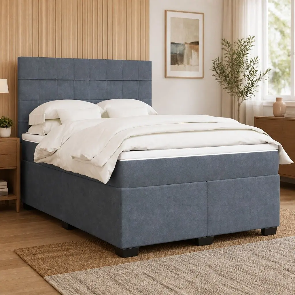 Queen Box Spring Bed with Pocket Spring Mattress Adjustable Headboard Velvet Upholstery