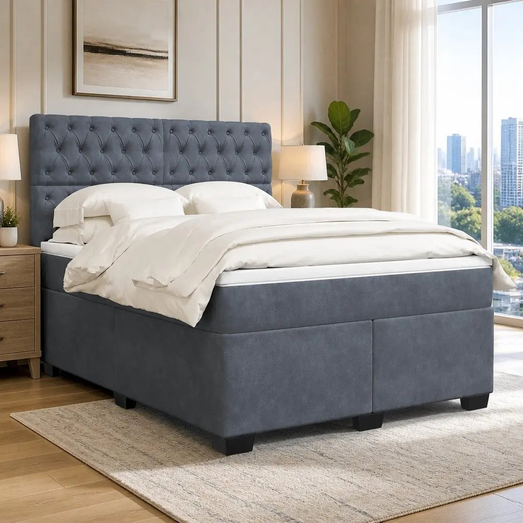 Queen Box Spring Bed with Pocket Sprung Mattress Adjustable Headboard Soft Velvet Fabric Dark Grey