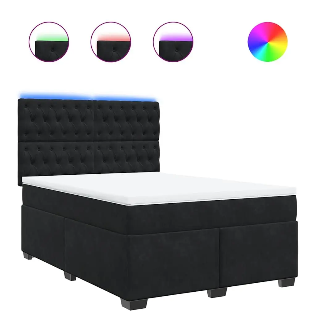 Queen Size Box Spring Bed Black Velvet Fabric Adjustable Headboard Pocket Spring Mattress LED Lights