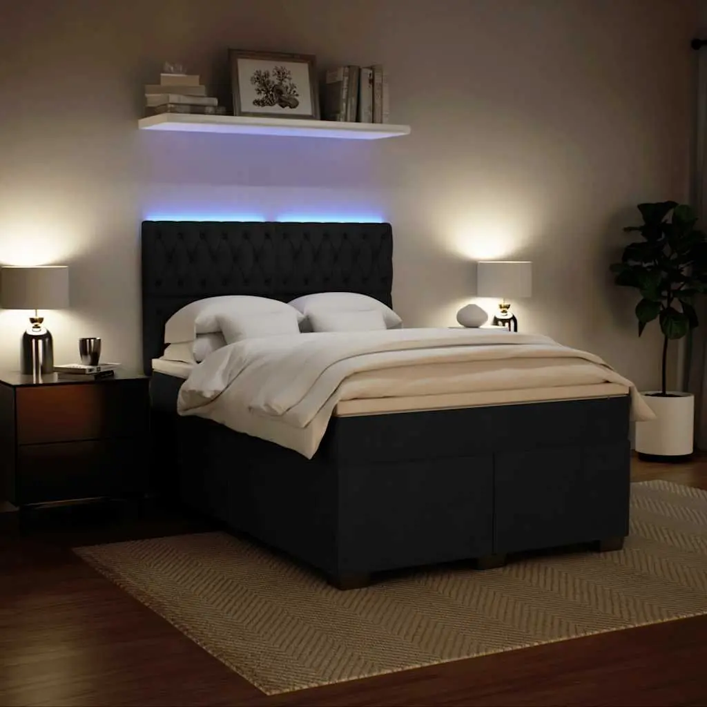 Queen Size Box Spring Bed Black Velvet Fabric Adjustable Headboard Pocket Spring Mattress LED Lights