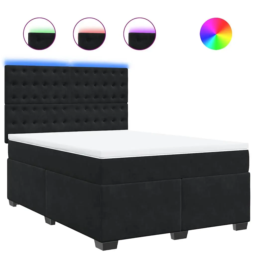 Queen Box Spring Bed Black Velvet Pocket Spring Mattress Adjustable Headboard LED Lights