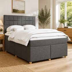 Double Box Spring Bed with LED Headboard in Grey Fabric