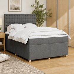 Double Box Spring Bed with Adjustable Headboard in Grey