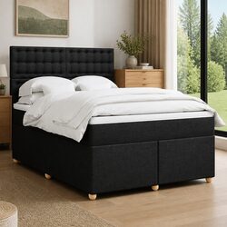 Double Box Spring Bed with LED Headboard in Black Fabric
