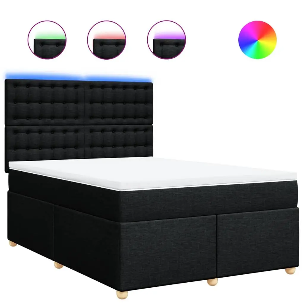 Double Box Spring Bed Black Fabric Pocket Mattress LED Headboard