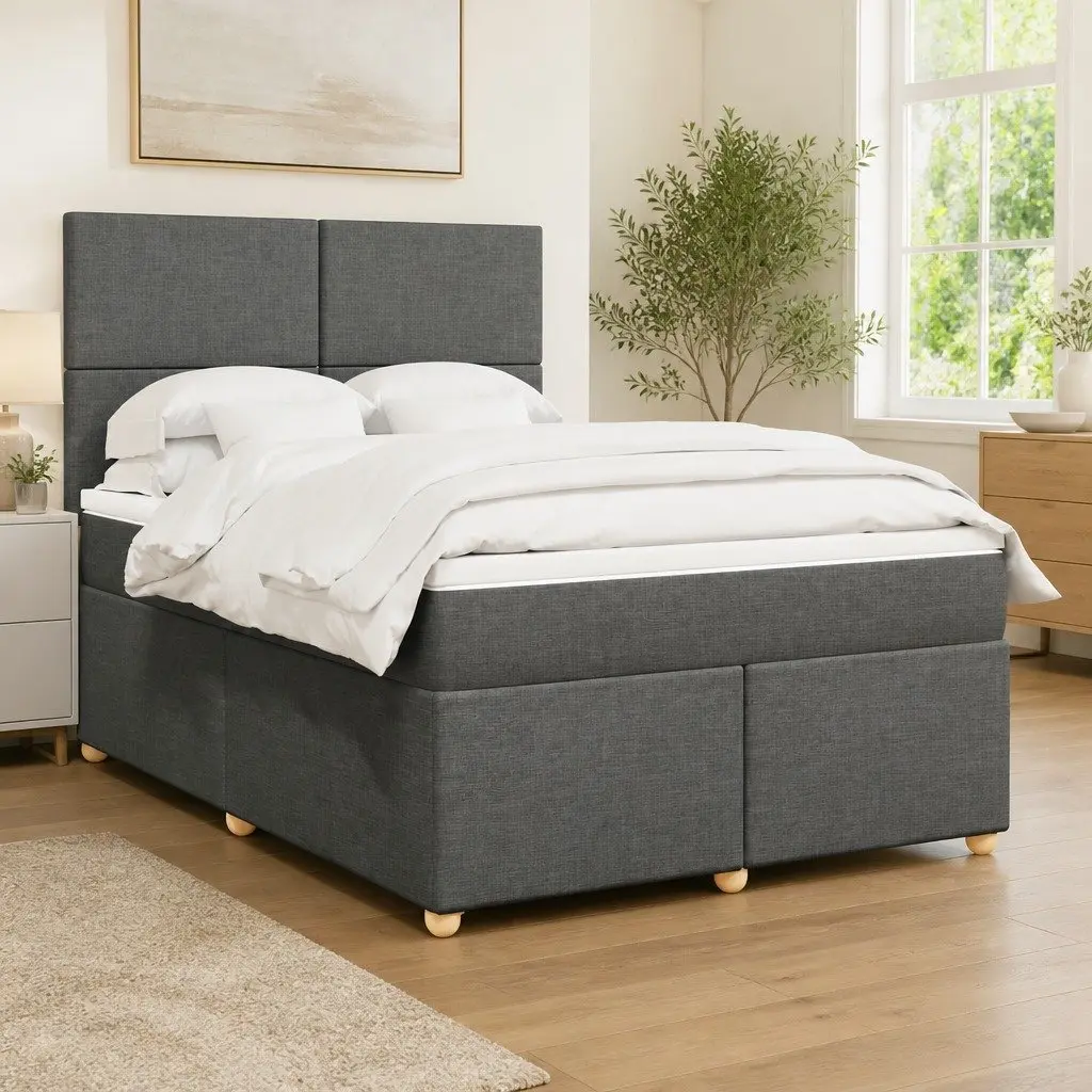 Queen Box Spring Bed with Pocket Spring Mattress Adjustable Headboard Grey