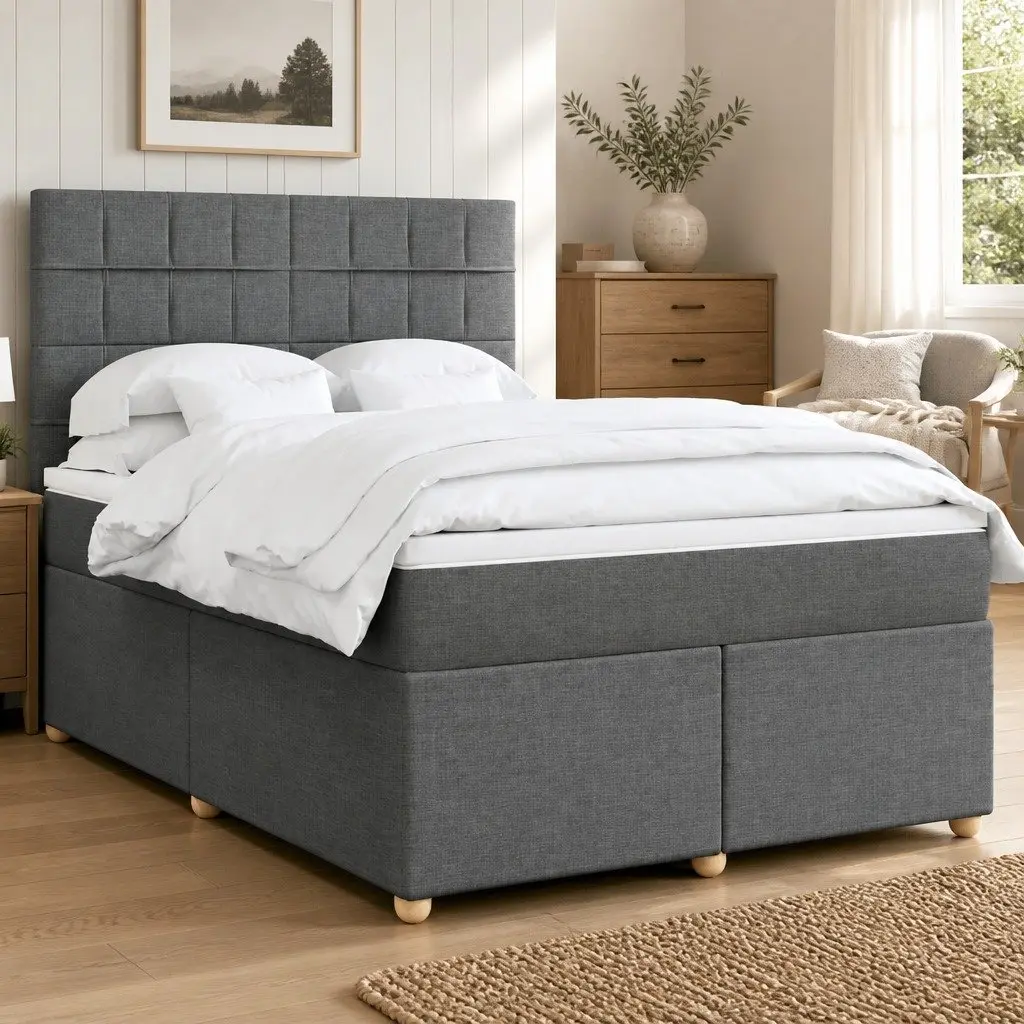 Box Spring Bed with Mattress Queen Size Dark Grey Fabric