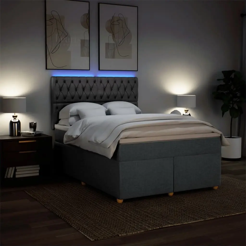 Queen Box Spring Bed Grey Adjustable Headboard Pocket Spring Mattress LED Lights Polyester Fabric