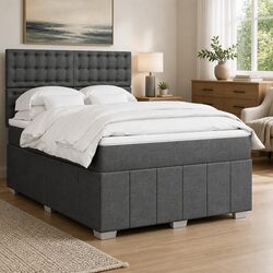 Grey Double Box Spring Bed with Adjustable Headboard