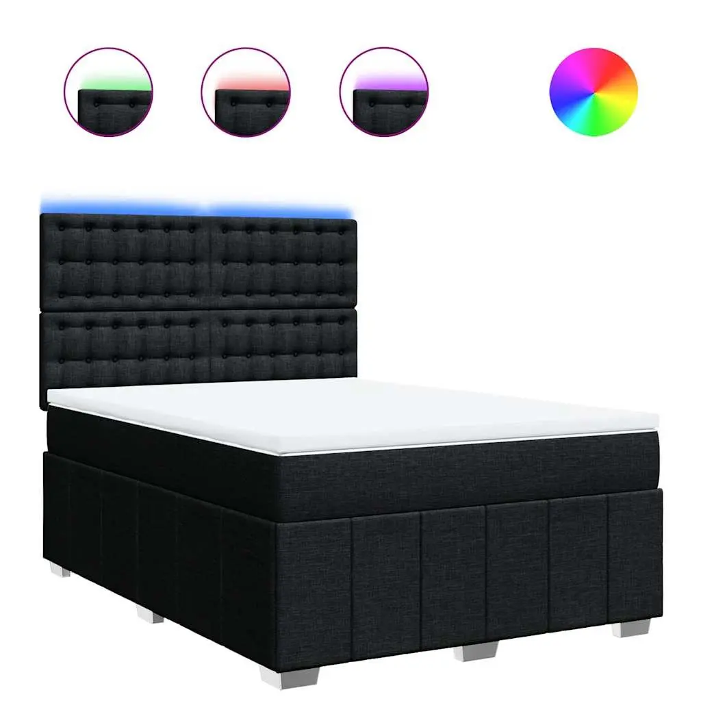 Double Box Spring Bed with Pocket Spring Mattress Adjustable Headboard LED Lights Polyester Fabric Black