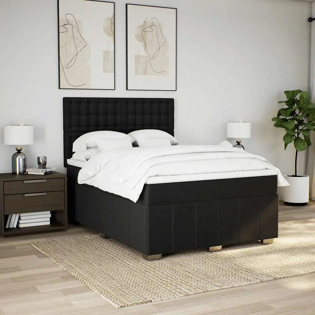 Double Box Spring Bed with Pocket Spring Mattress Adjustable Headboard LED Lights Polyester Fabric Black