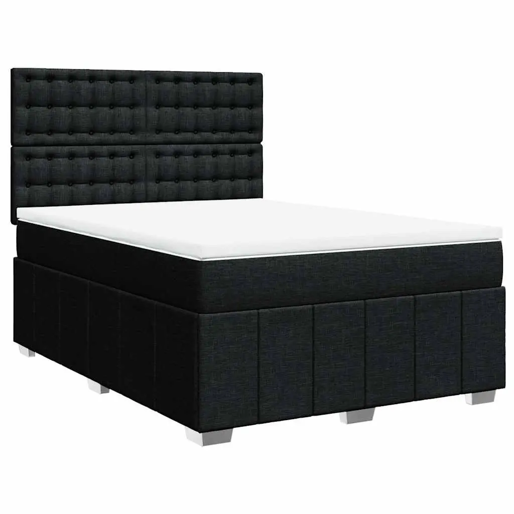 Double Box Spring Bed with Pocket Spring Mattress Adjustable Headboard LED Lights Polyester Fabric Black