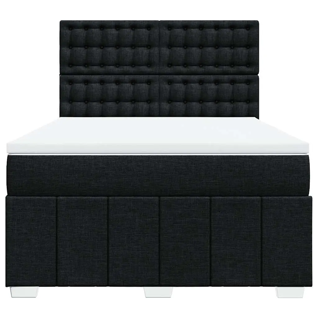 Double Box Spring Bed with Pocket Spring Mattress Adjustable Headboard LED Lights Polyester Fabric Black