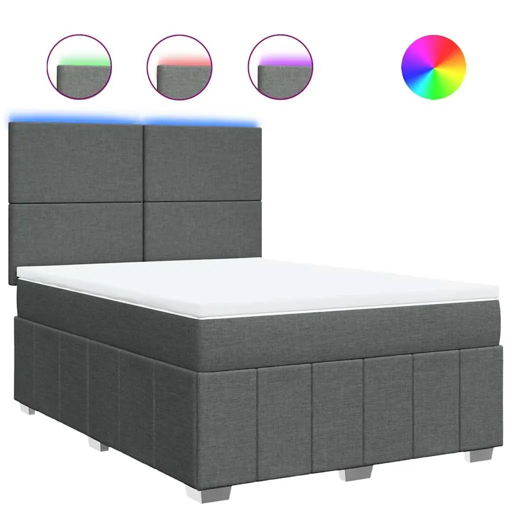 Queen Box Spring Bed Grey Fabric Pocket Spring Mattress with LED Lights