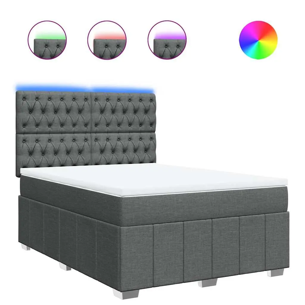 Queen Box Spring Bed Grey Pocket Spring Mattress Adjustable Headboard LED Lights