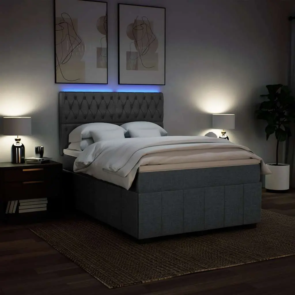 Queen Box Spring Bed Grey Pocket Spring Mattress Adjustable Headboard LED Lights