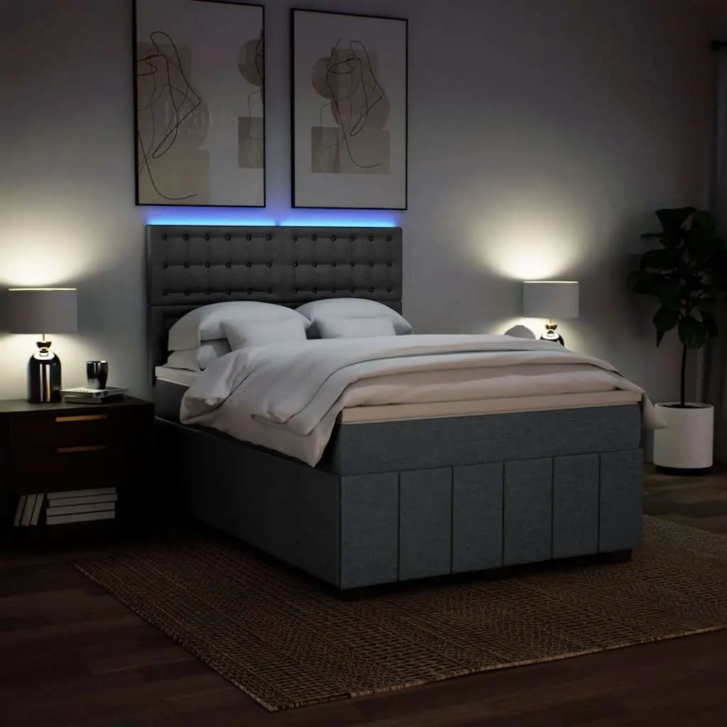 Queen Box Spring Bed Grey Pocket Spring Mattress Adjustable Headboard LED Lights