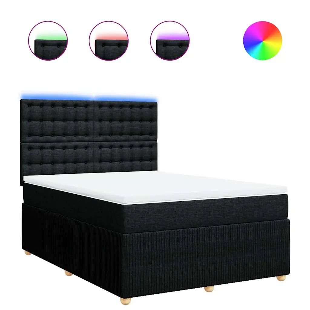 Double Box Spring Bed Black Fabric Double Pocket Sprung Mattress with LED Lights