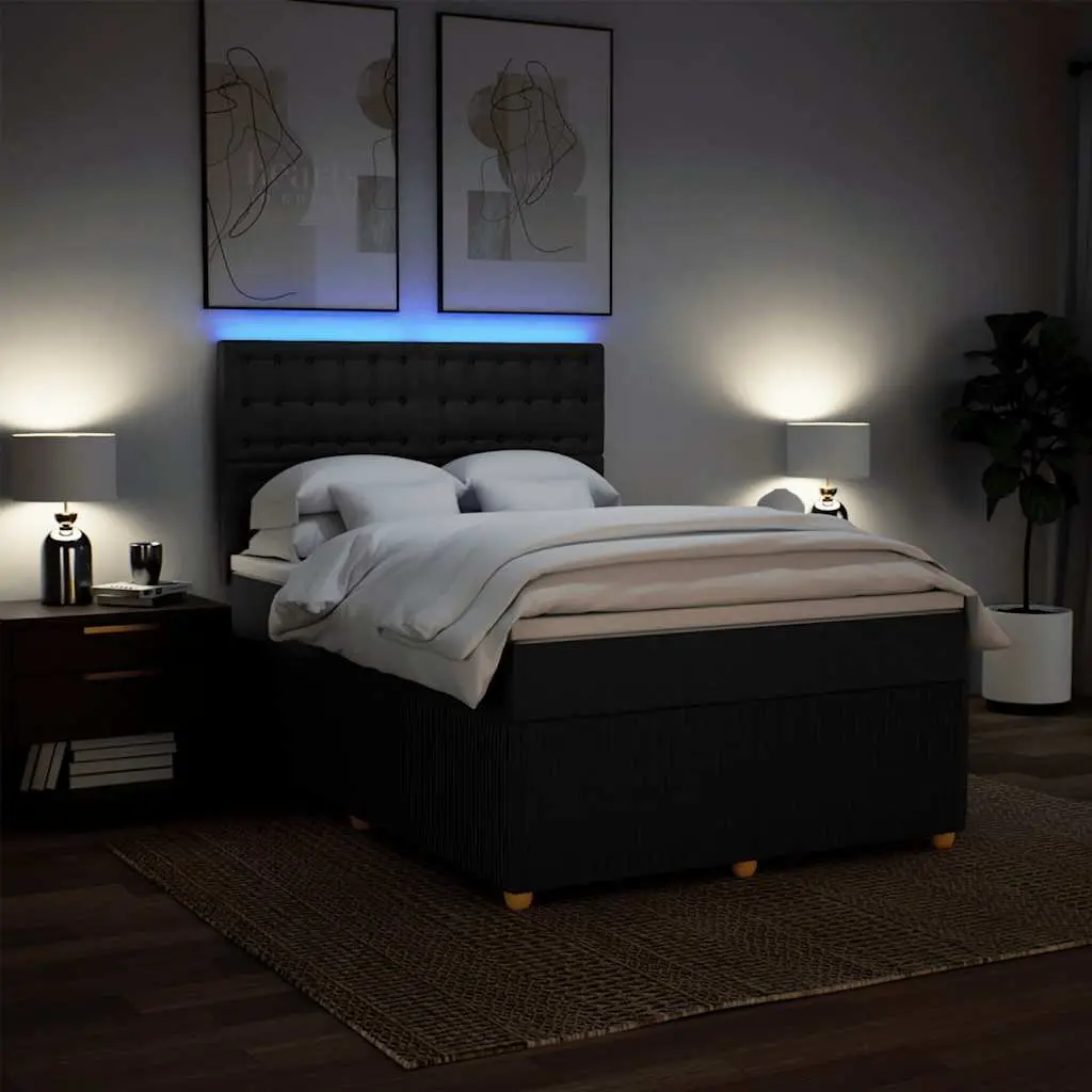 Double Box Spring Bed Black Fabric Double Pocket Sprung Mattress with LED Lights
