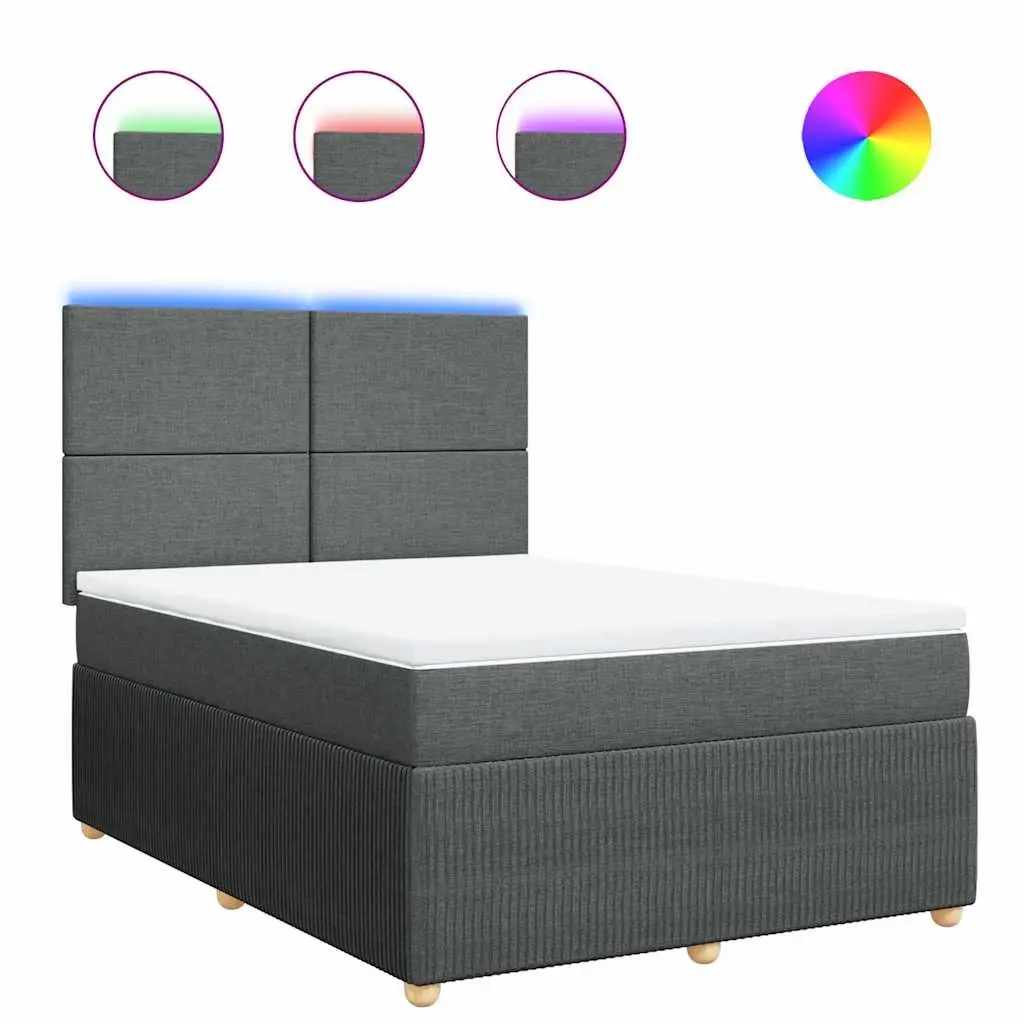 Queen Box Spring Bed Grey Fabric Frame Pocket Spring Mattress LED Lights