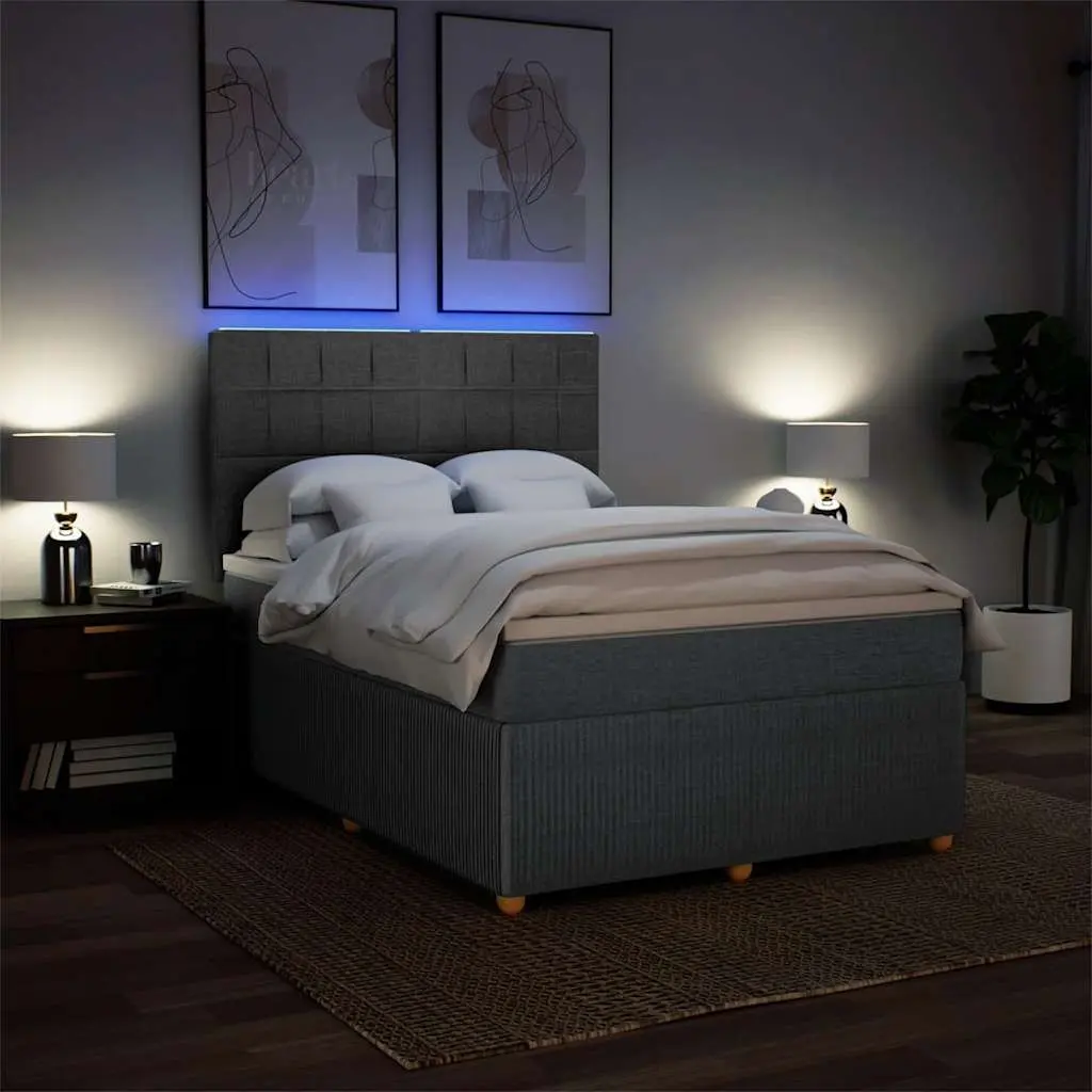 Queen Bed Frame Dark Grey Fabric Box Spring with Pocket Spring Mattress and Mattress Topper