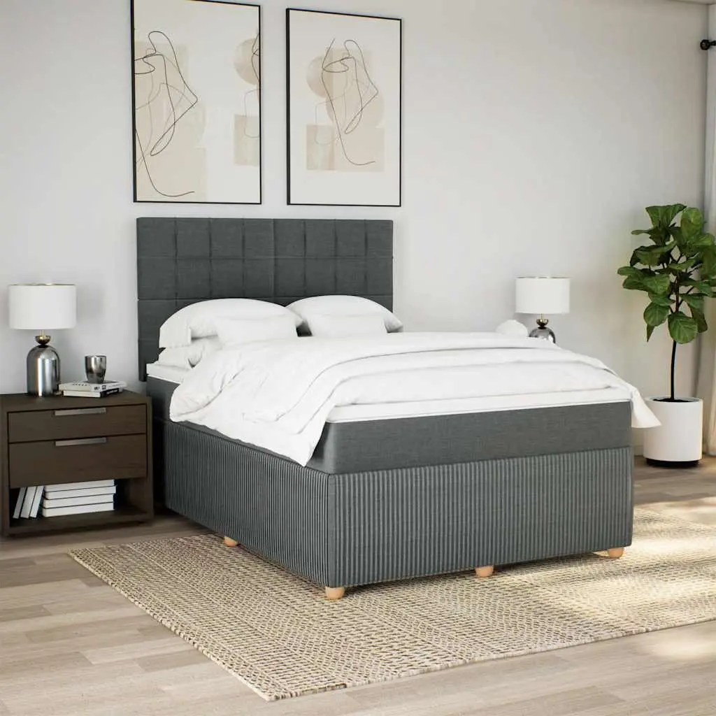 Queen Bed Frame Dark Grey Fabric Box Spring with Pocket Spring Mattress and Mattress Topper