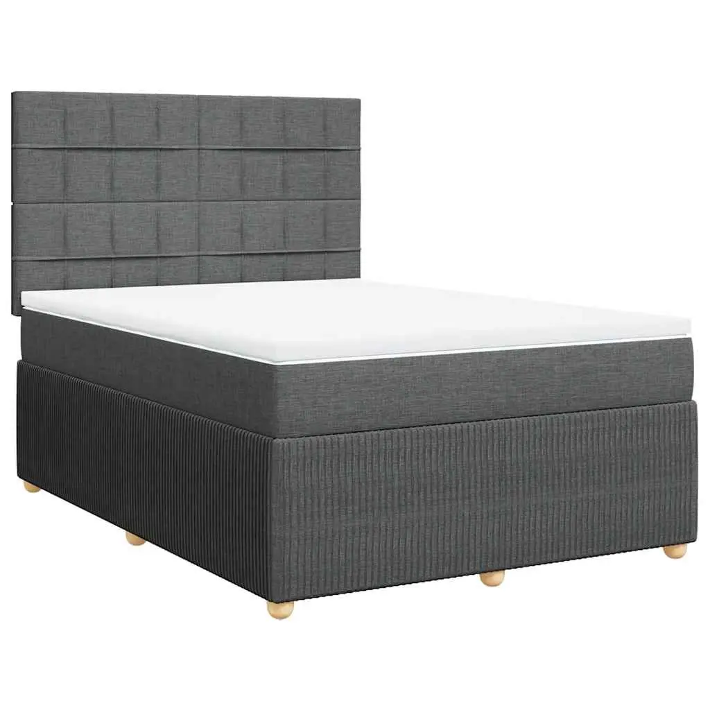 Queen Bed Frame Dark Grey Fabric Box Spring with Pocket Spring Mattress and Mattress Topper