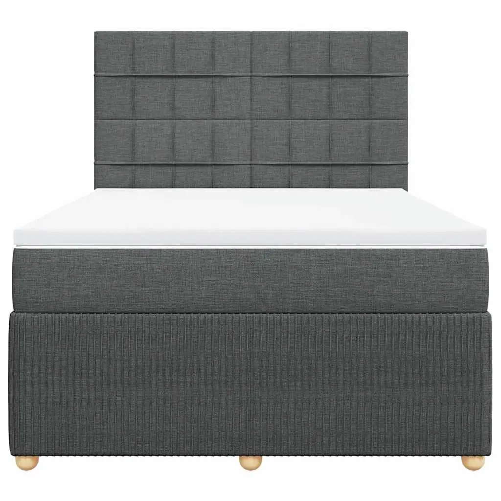 Queen Bed Frame Dark Grey Fabric Box Spring with Pocket Spring Mattress and Mattress Topper