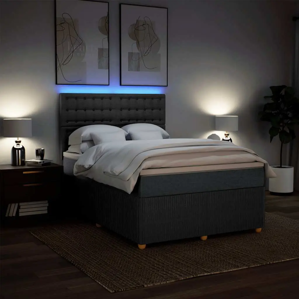 Queen Box Spring Bed Grey Fabric Pocket Spring Mattress with LED Lights