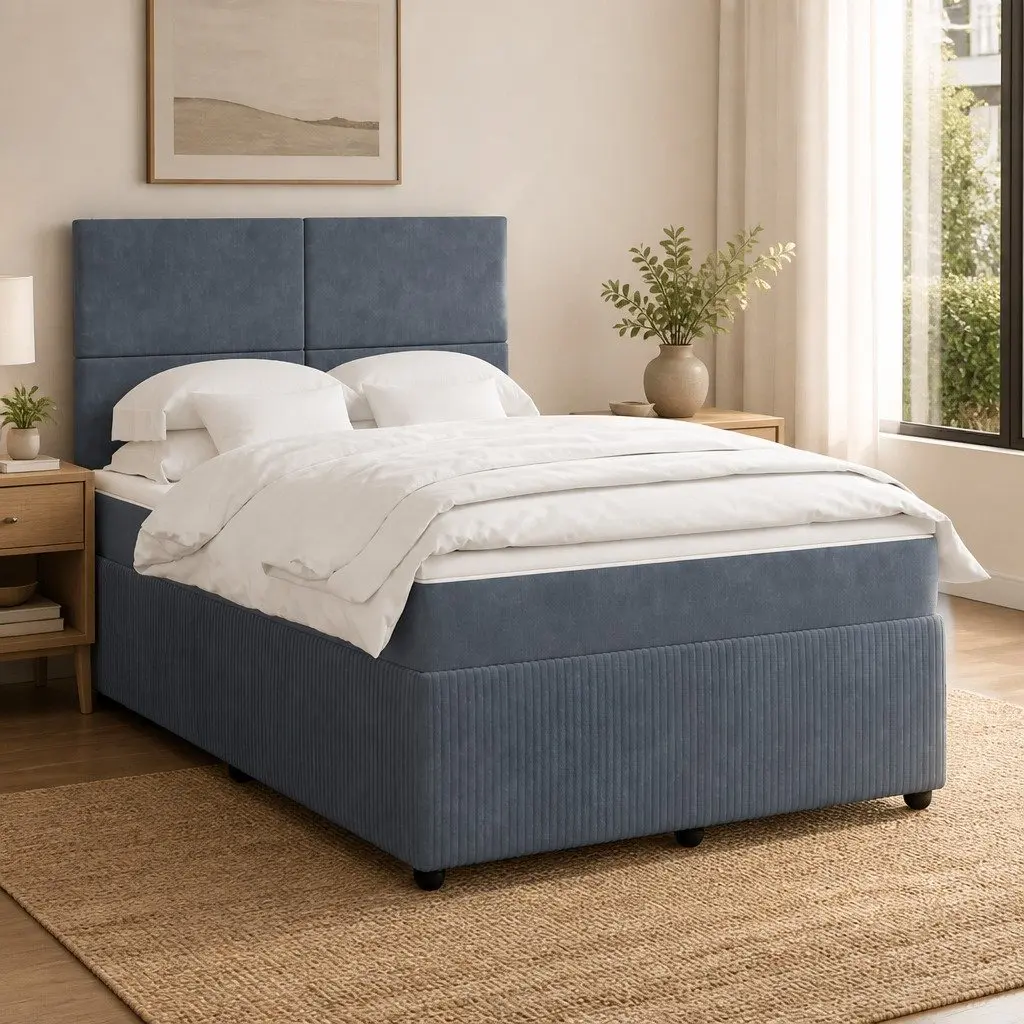 Double Box Spring Bed Velvet Upholstery Double Pocket Spring Mattress Adjustable LED Lights