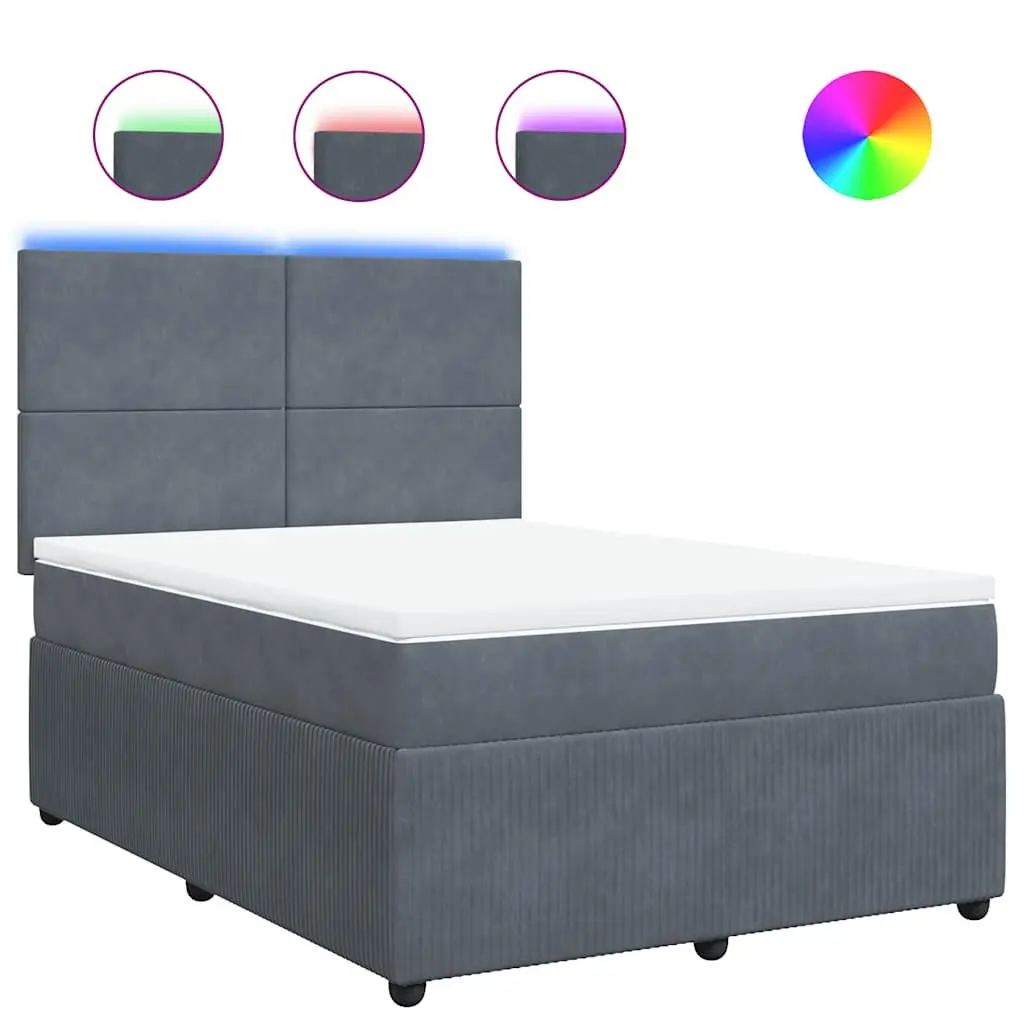 Double Box Spring Bed Velvet Upholstery Double Pocket Spring Mattress Adjustable LED Lights