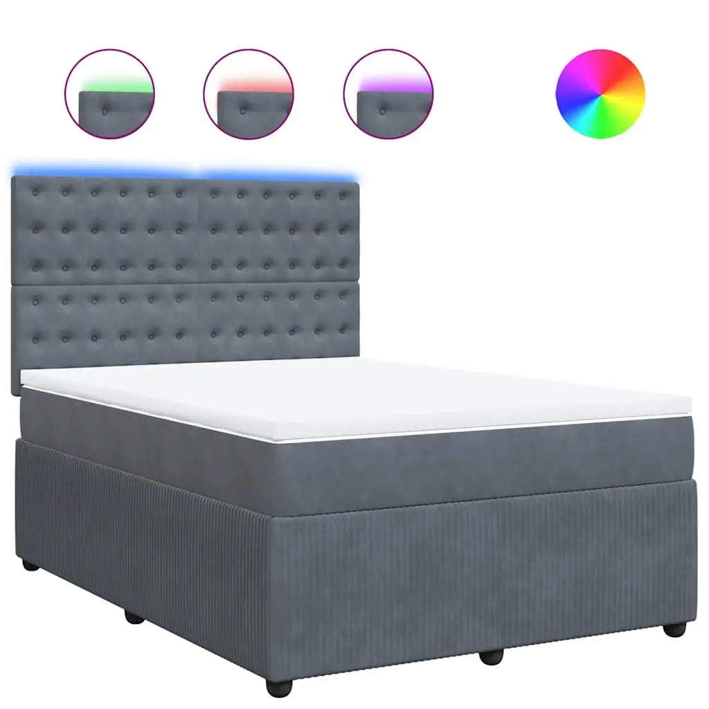 Double Box Spring Bed Grey Velvet Pocket Spring Mattress Height Adjustable Headboard LED Lights