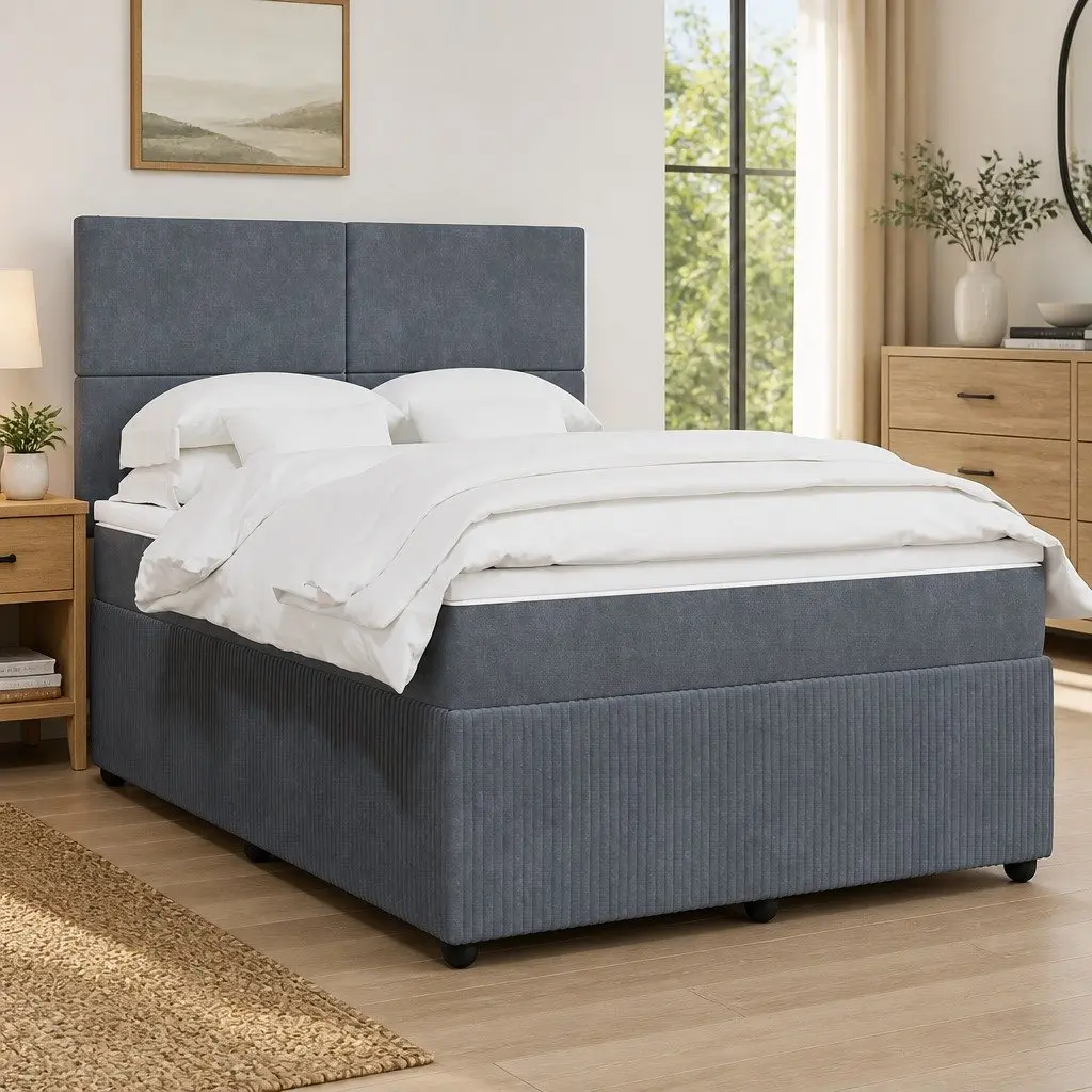 Queen Bed with Adjustable Headboard Pocket Spring Mattress Dark Grey Velvet LED