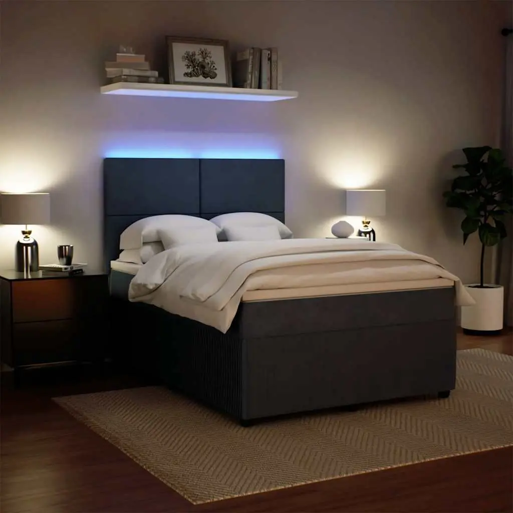 Queen Bed with Adjustable Headboard Pocket Spring Mattress Dark Grey Velvet LED